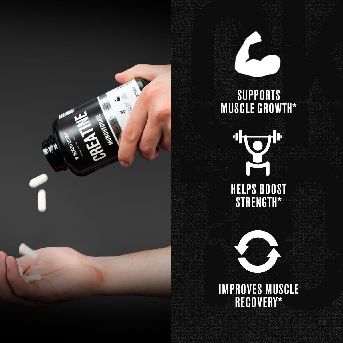 Jacked Factory Creatine Monohydrate Capsules - Creatine Pills for Muscle Growth, Increased Strength, Enhanced Energy Output and Improved Athletic Performance - 150 Capsules