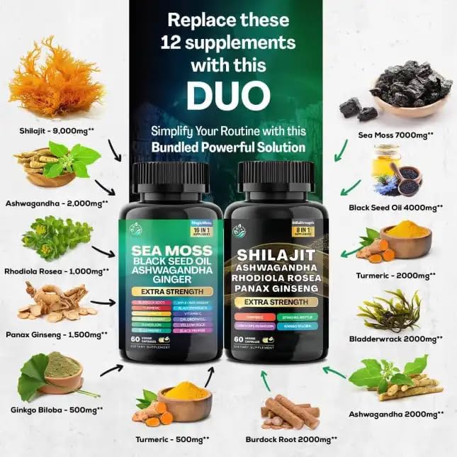 Sea Moss and Shilajit Bundle, Sea Moss 7000mg, Black Seed Oil 4000mg, Ashwagandha 2000mg, Ginger & Shilajit 9000mg, Rhodiola Rosea 1000mg, Panax Ginseng (120 Count)