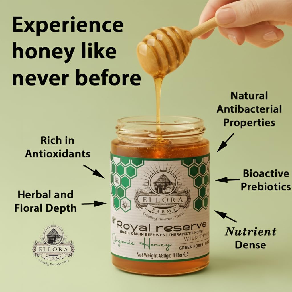 Ellora Farms Organic Honey, Wild Thyme Organic Honey Raw Unfiltered, Preservative and Additive Free, 2025 Paris and Dubai Gold Awards Winner, Gift Pack with Dipper - 450 g