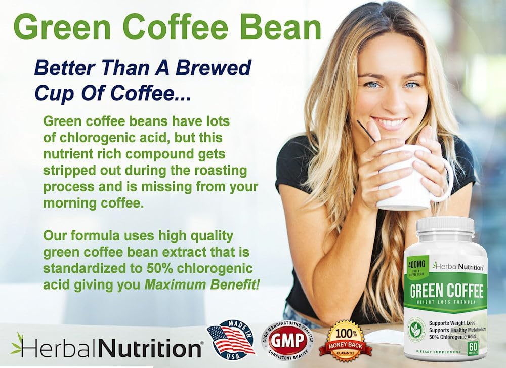 Herbal Nutrition BOGO Pure Green Coffee Bean Extract, Two Bottle Pack, 120 Capsules, Multi-Level Dosing 400mg - 1200mg Per Serving, 50% Chlorogenic Acid. Weight Loss & Cleanse Supplement