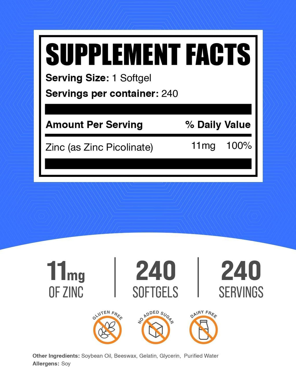 BulkSupplements.com Zinc Picolinate Softgels - Zinc 11mg, for Immune Support, Gluten Free - 1 Softgel per Serving, 240 Count (Pack of 1)
