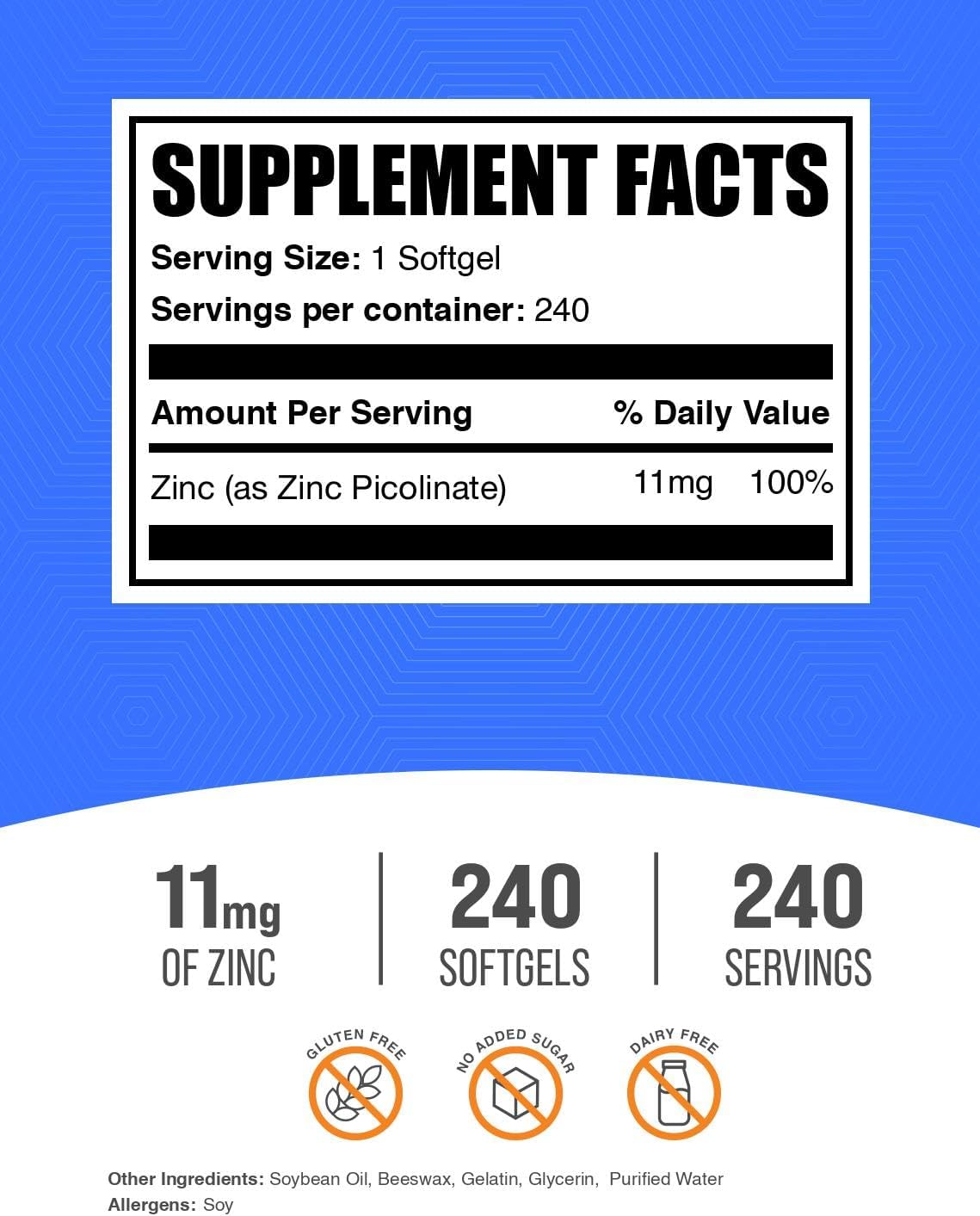BulkSupplements.com Zinc Picolinate Softgels - Zinc 11mg, for Immune Support, Gluten Free - 1 Softgel per Serving, 240 Count (Pack of 1)