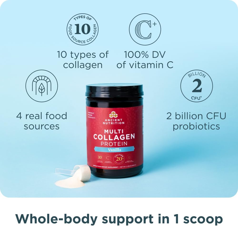 Ancient Nutrition Collagen Peptides Powder, Multi Collagen Protein, Women & Men, Vitamin C, Probiotics, Hydrolyzed Collagen, Supports Skin, Joints, Gut Health, Vanilla, 60 Servings