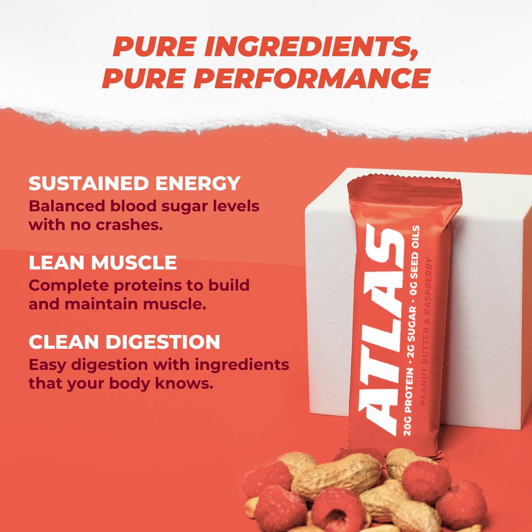 Atlas Bar – 20g Protein, 1g Sugar, 0g Seed Oils, 0g Artificial Sweeteners (12 Count, Peanut Butter Raspberry)