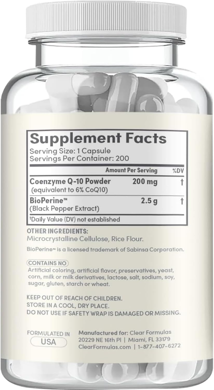 CoQ10 200mg with BioPerine - Enhanced Absorption Coenzyme Q10 200mg Potent Antioxidant for Heart Energy and Aging Support - High Stability CoQ10 Ubiquinone Caps - Made in a cGMP US Lab (200 Servings)