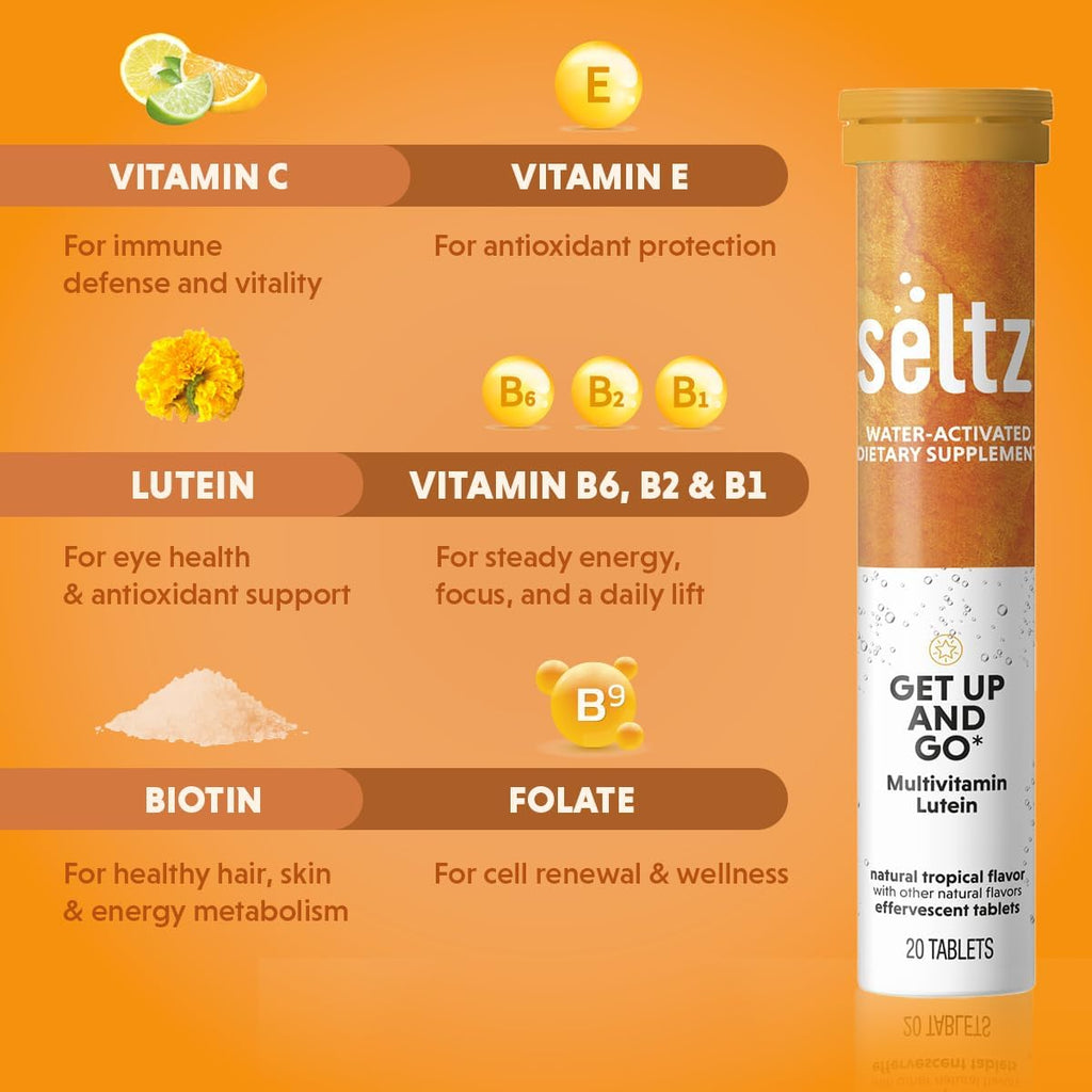 Seltz® Get Up and Go – Effervescent Multivitamin with Lutein for Daily Energy, Eye Health & Antioxidant Support – Tropical Flavor, 20 Tablets (Pack of 6)