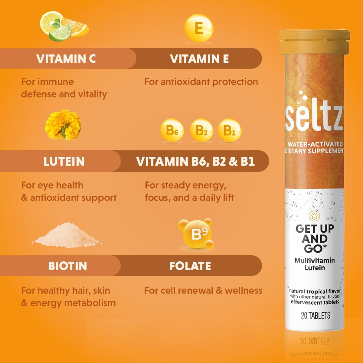 Seltz® Get Up and Go – Effervescent Multivitamin with Lutein for Daily Energy, Eye Health & Antioxidant Support – Tropical Flavor, 20 Tablets (Pack of 6)