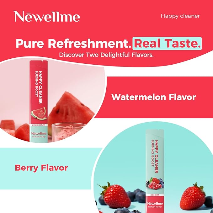NEWELLME Happy Cleaner Digestive Supplement Powder, Gut Health Drink Mix with Probiotics, Digestive Enzymes & Fiber, Supports Digestion and Bloating, Watermelon & Berry Variety, 28 Sachets (2 Boxes)