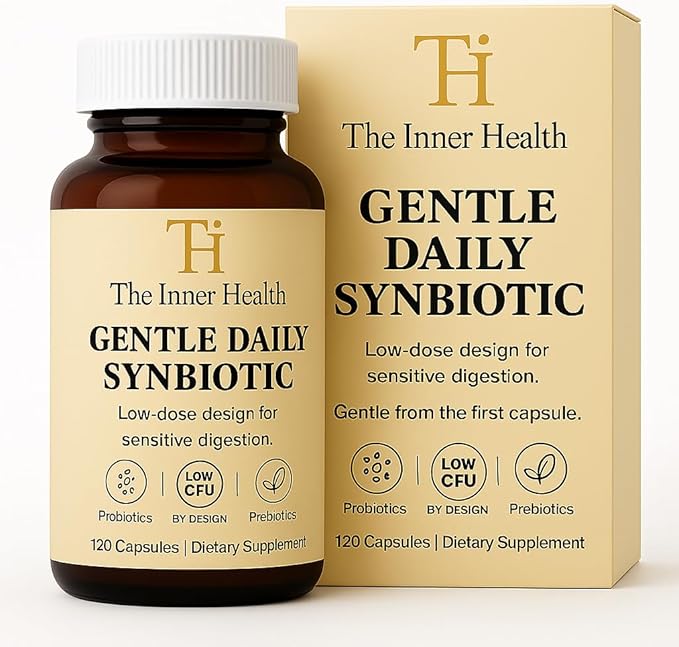 Gentle Synbiotic - Low CFU Probiotic and Prebiotic Formula - Sensitive Gut - FOS + XOS - DE111 B. subtilis, B. coagulans & L. rhamnosus - Gut Support for Women & Men - 120 Capsules