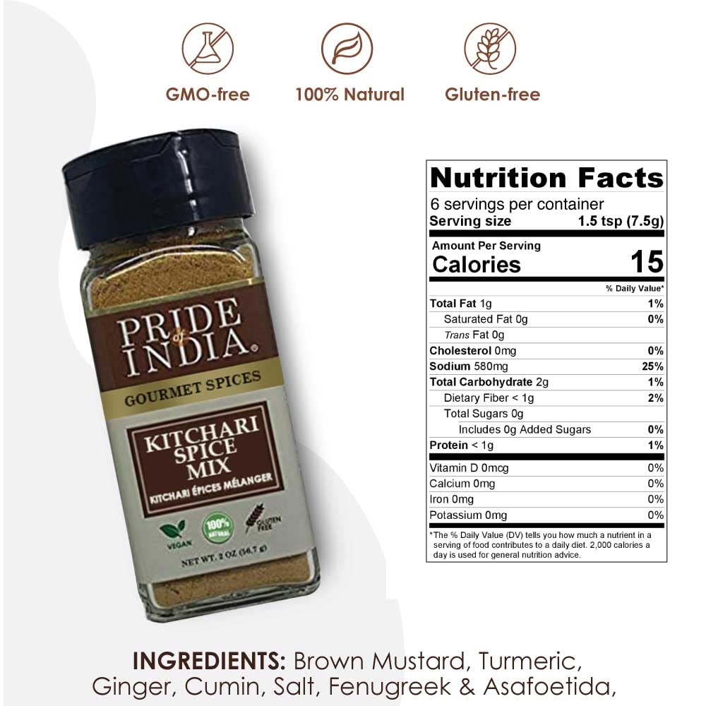 Pride of India - Kitchari Spice Seasoning – Made with Authentic Indian Spices – Good for Health Cleanse & Diet – Easy to Use – 2 oz. Small Dual Sifter Bottle