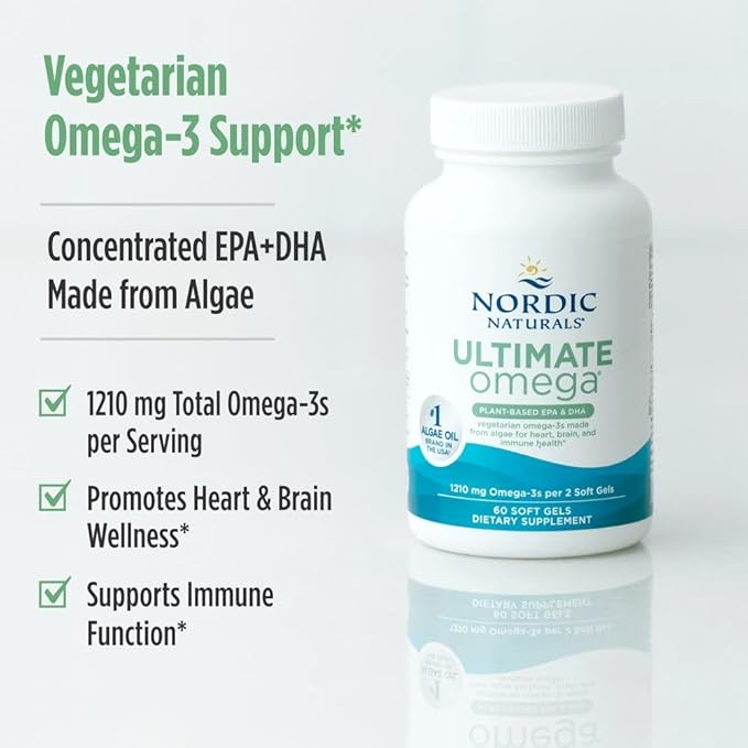 Nordic Naturals Plant Based Ultimate Omega, Lemon Flavor - 60 Vegetarian Soft Gels - 1210 mg Omega-3 - Vegan EPA and DHA - Supplement Made from Algae - Brain & Heart Support - Non-GMO - 30 Servings
