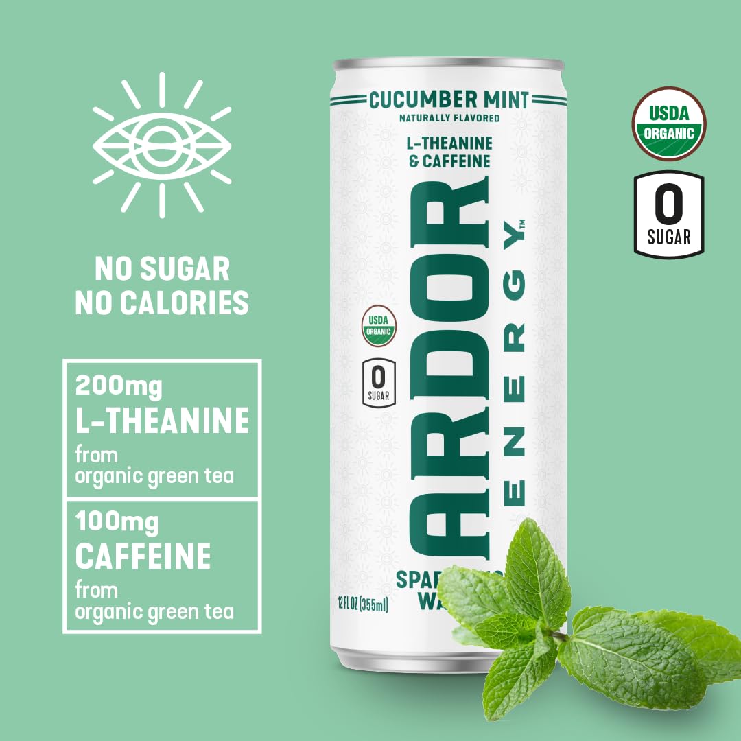 ARDOR ENERGY Sparkling Water with 100mg Natural Caffeine & 200mg L-Theanine from Organic Green Tea for Smooth Energy & Focus | Healthy Energy Drink | No Sugar, Zero Calories, Vegan, Gluten-Free | Cucumber Mint (Pack of 12, 12oz cans)