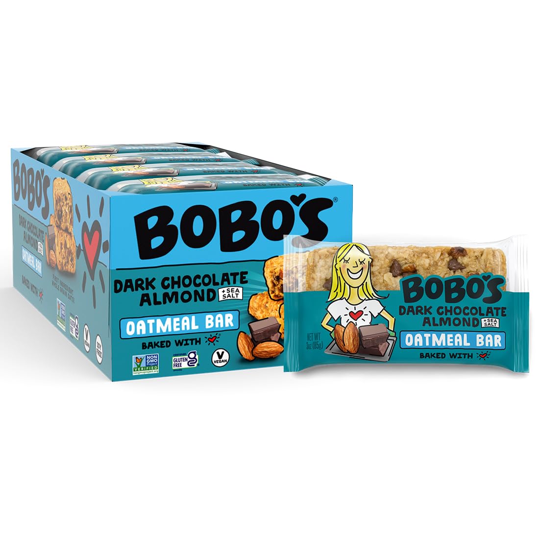 Bobo's Dark Chocolate Almond Sea Salt Oat Bars, Gluten Free, Non-GMO, Whole Grain Oats, Pack of 12 | Snack Bars | On-the-Go | Made with Simple Ingredients