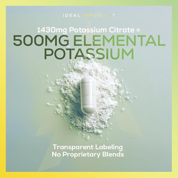 Potassium Citrate 1430mg - Heart & Kidney Health, Electrolyte Balance, Nerve Function - Elemental Potassium 500mg (240 Capsules) Vegan