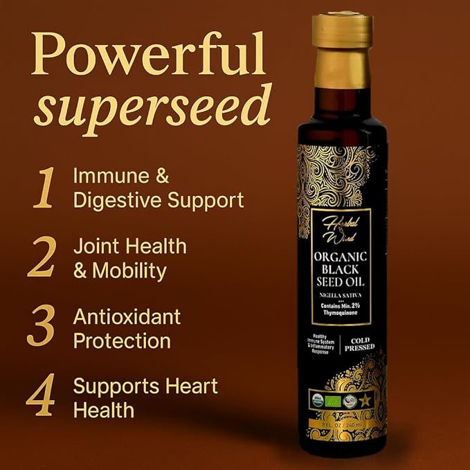 Herbal Wind Black Seed Oil: Cold Pressed USDA Organic Black Seed Oil Liquid - Turkish Nigella Sativa Black Cumin Seed Oil with Min. 2% Thymoquinone for Immune Support, Joint Health and More - 8 Fl Oz