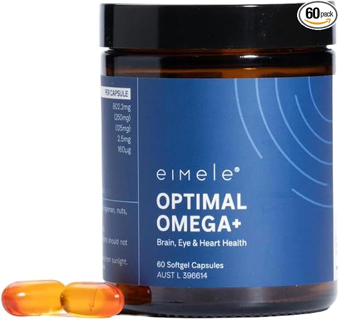 eimele | Optimal Omega+ | Plant-Based Omega-3 EPA & DHA | Supplement for Brain, Eye & Heart Health | Antioxidant Support for Cognitive Function & Wellbeing | Non-GMO | Vegan | 60 softgel Capsules