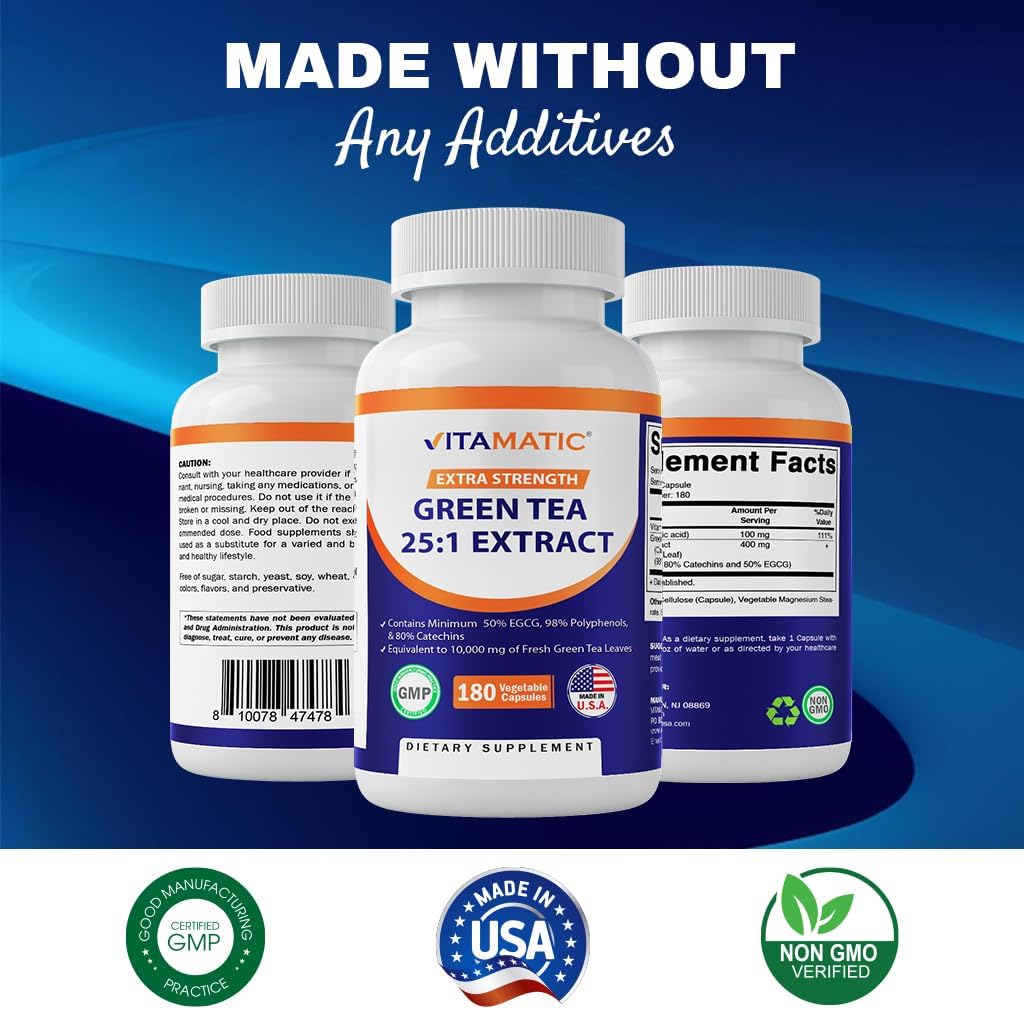 Vitamatic Green Tea Extract with Vitamin C, 25X Concentrate, 98% Polyphenols, 80% Catechins, 50% EGCG, 180 Veg Capsules