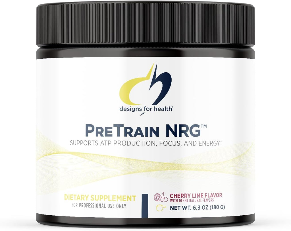 Designs for Health PreTrain NRG Drink Mix - Pre-Workout Powder with Creatine + Green Coffee - Supports Focus, Power + Mental Energy in Athletes - None-GMO, Cherry Lime Flavor (20 Servings / 180g)