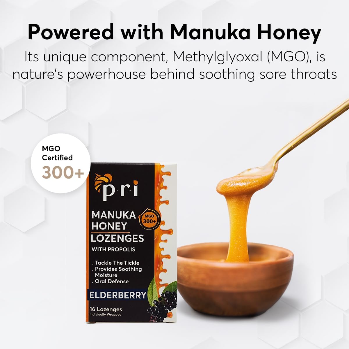 P.R.I Manuka Honey Lozenges with Propolis, Soothing Cough and Throat Drops, MGO 300+ Certified (Elderberry, 16 Count/2 Pack)