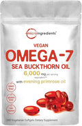 Vegan Omega 7 Sea Buckthorn Oil 6,000mg, 240 Veggie Softgels | 2-in-1 with Evening Primrose Oil | Natural Support for Hair, Skin, & Nails | Combats Dryness | Plant Based, Non-GMO, Gluten Free