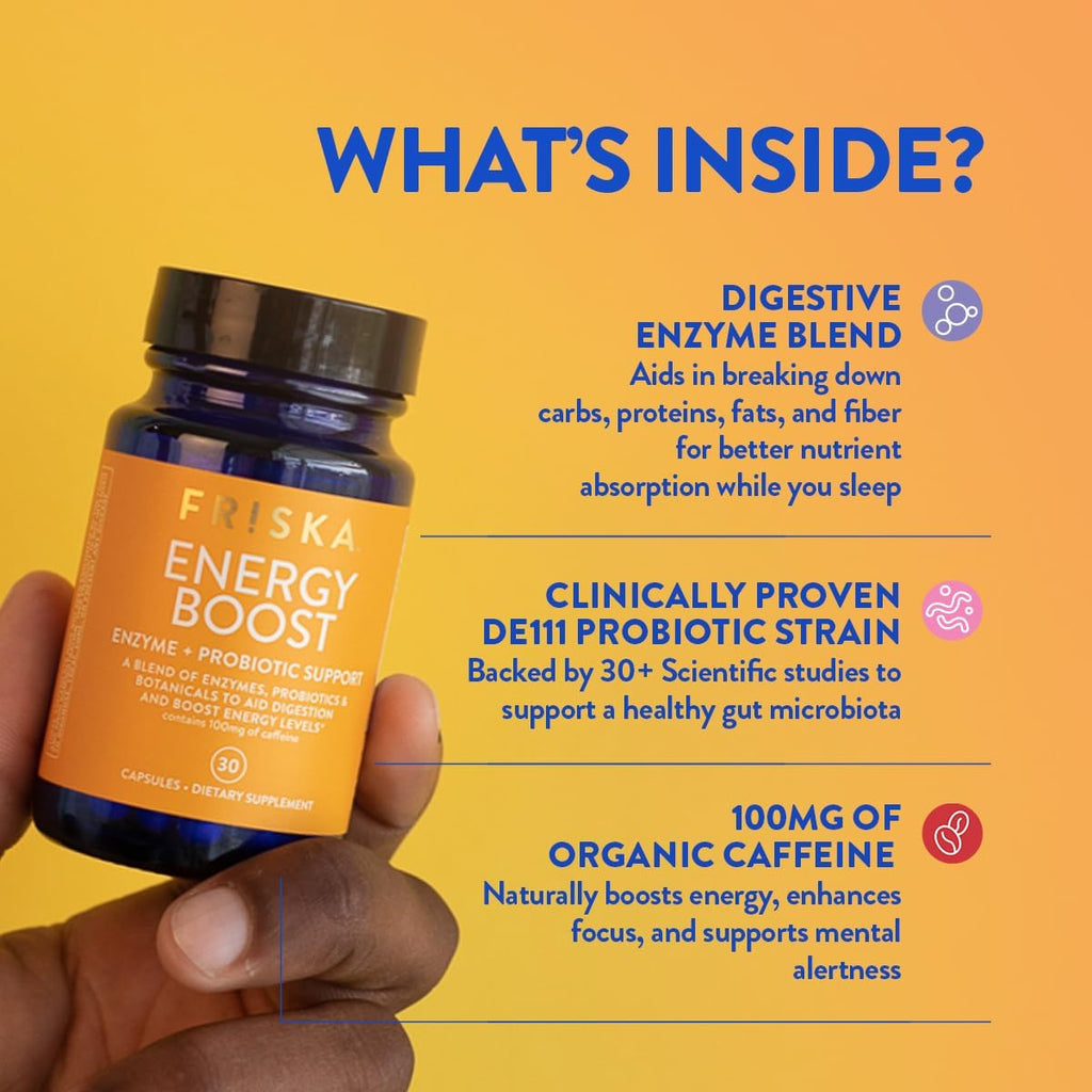 FRISKA Energy Boost Enzyme and Probiotics Supplement, Promotes Better Digestion and Energy for Men and Women, Gut Health, 30 Capsules