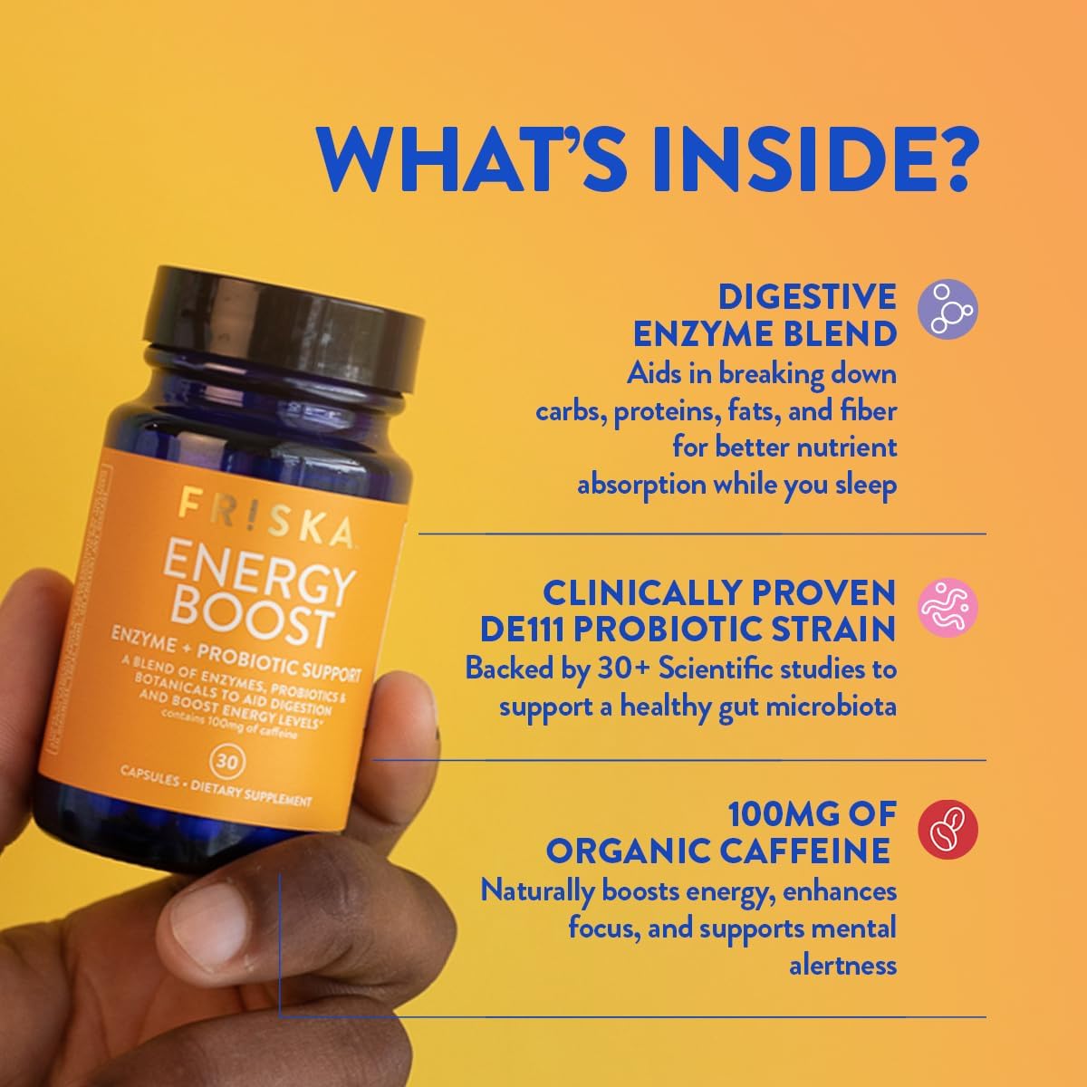 FRISKA Energy Boost Enzyme and Probiotics Supplement, Promotes Better Digestion and Energy for Men and Women, Gut Health, 30 Capsules