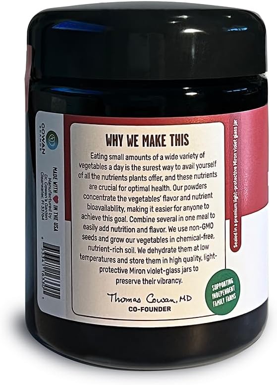 Dr. Cowan's Garden Three Beet Powder with Organic Beets: Detroit red, chiogga, and Golden Beets; in Miron Glass jar. USA Grown, 50 Servings