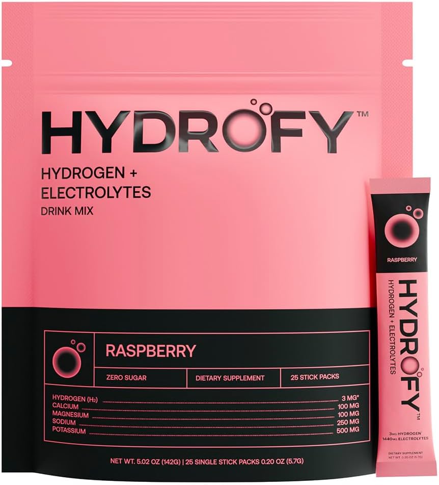 Hydrofy Hydrogen Water + Electrolytes Drink Mix | H2 Hydration Packets with Molecular Hydrogen, Sodium, Potassium, Magnesium, Calcium, and Minerals | No Sugar | Raspberry 25 Ct