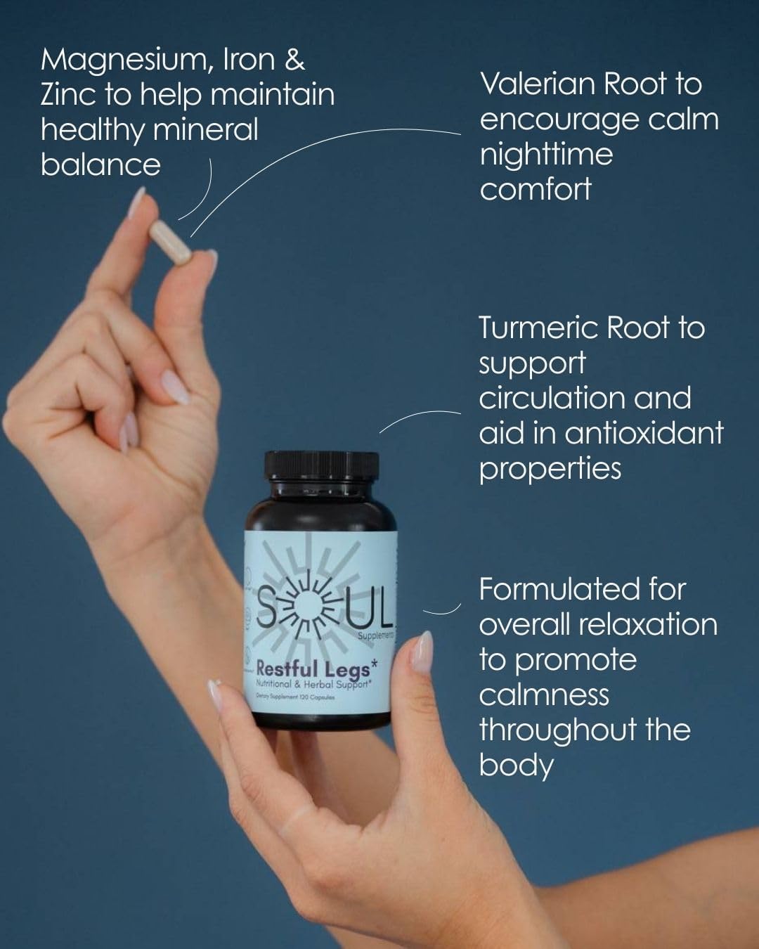Soul Supplements Restful Legs Support - 225mg Magnesium Glycinate with Vitamin D, Iron, B6, Zinc & Herbal Blend - Nighttime Muscle & Nerve Comfort - 120 Capsules