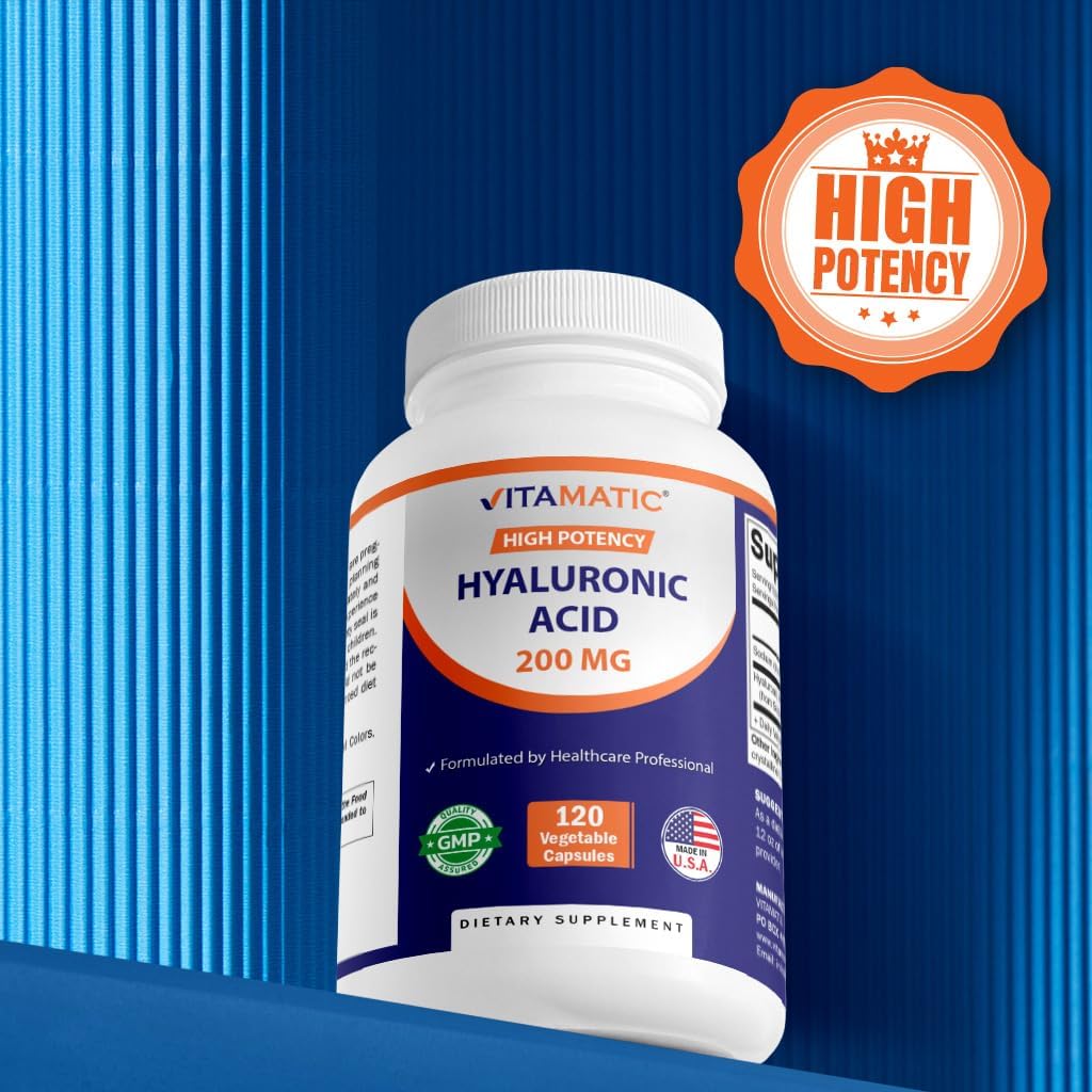 Vitamatic Hyaluronic Acid Supplements 200mg - Supports Healthy Connective Tissue and Joints - Promote Youthful Healthy Skin - 120 Capsules