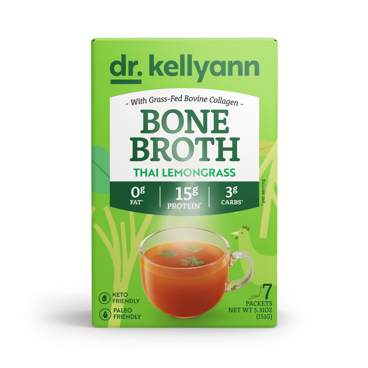 Dr. Kellyann Thai Lemongrass Bone Broth Packets (7 Servings) – 16g Protein, Grass-Fed Hydrolyzed Collagen, Keto & Paleo-Friendly