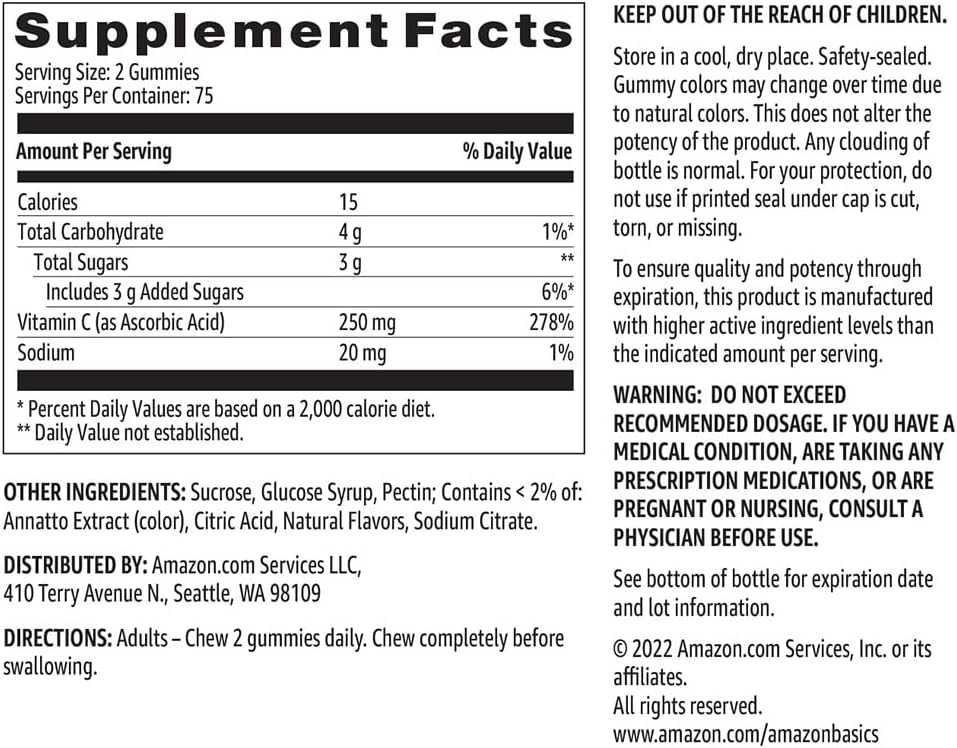Amazon Basics Vitamin C 250 mg Gummies, Orange, 150 Count (2 per Serving), Immune Health (Previously Solimo)