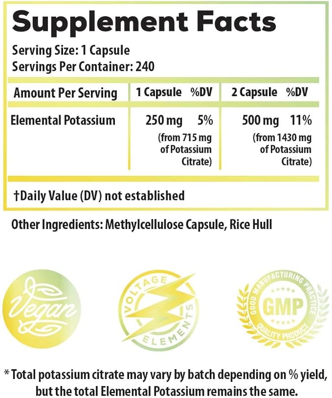 Potassium Citrate 1430mg - Heart & Kidney Health, Electrolyte Balance, Nerve Function - Elemental Potassium 500mg (240 Capsules) Vegan