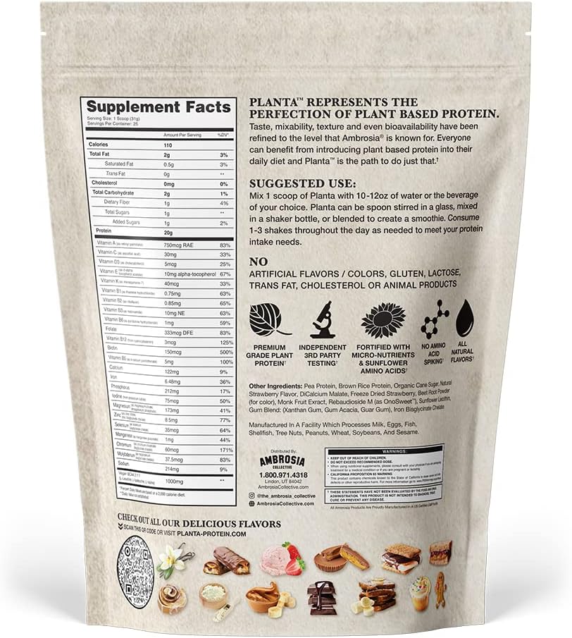Ambrosia Planta - Premium Organic Plant-Based Protein | Vegan & Keto Friendly | Gourmet Flavors | No Bloating or Stomach Upset | Gluten & Soy Free | No Added Sugar | 25 Servings | Strawberry Ice Cream