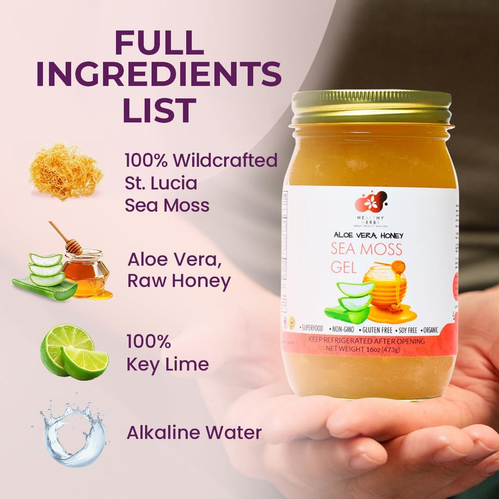 Healthy Herbs Sea Moss Gel (Aloe Vera Honey) Wildcrafted from Jamaican St Lucia Gold Seamoss | Wild-Harvested Superfood With Over 90 Essential Vitamins & Minerals | Vegan, Non-GMO, US-Made (16 oz.)