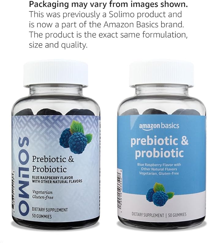 Amazon Basics Prebiotic & Probiotic Gummies, 2 Billion CFU, Blue Raspberry, 50 Count (2 per Serving)