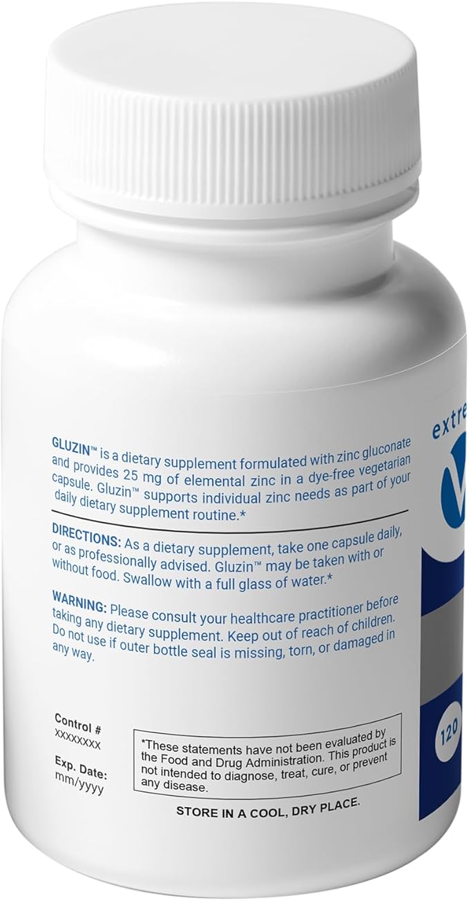 Gluzin Zinc Gluconate 25 mg | Immune & Enzyme Support - Vegan Friendly (120 Vegetarian Capsules)