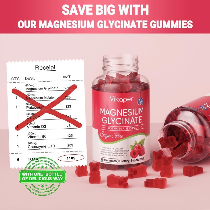Magnesium Glycinate Gummies 1000mg,Sugar Free for Adults Kids Magnesium Potassium Supplement,Support Sleep,Stress,Muscle Relief,Nerve Health,Non GMO,Vegan,Gluten Free,180 Raspberry Flavor Gummies