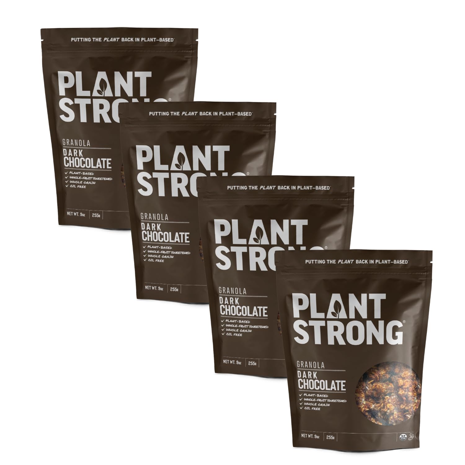 PLANTSTRONG Dark Chocolate Granola Snack Mix - Whole Grain, Naturally Sweetened With Fruit, Plant Based, Oil Free - Pack of 4 x 9oz Bags