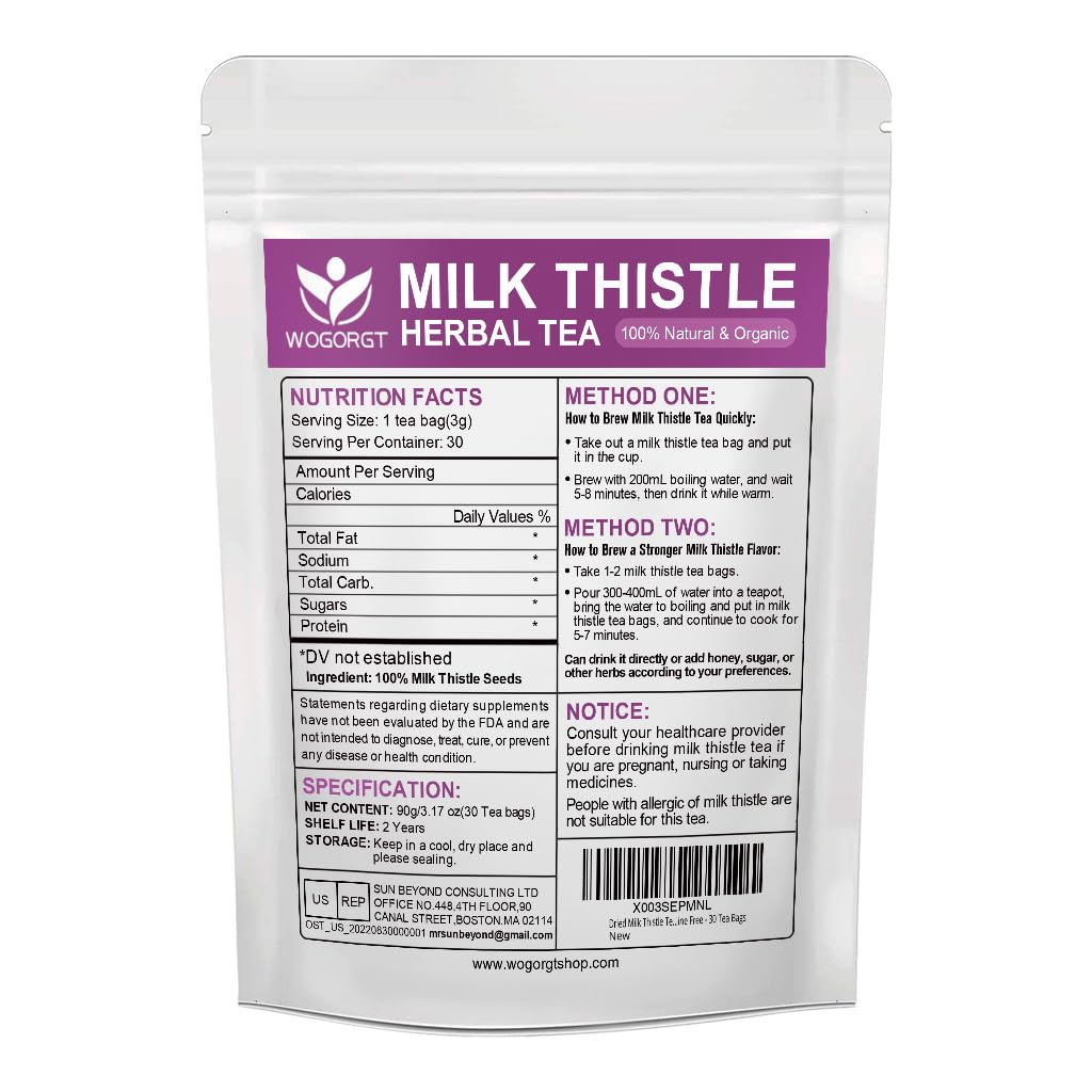 WOGORGT Dried Milk Thistle Tea - Organic Milk Thistle Herbal Tea for Liver Cleanse, Antioxidant and Immune Support, Caffeine Free - 30 Tea Bags