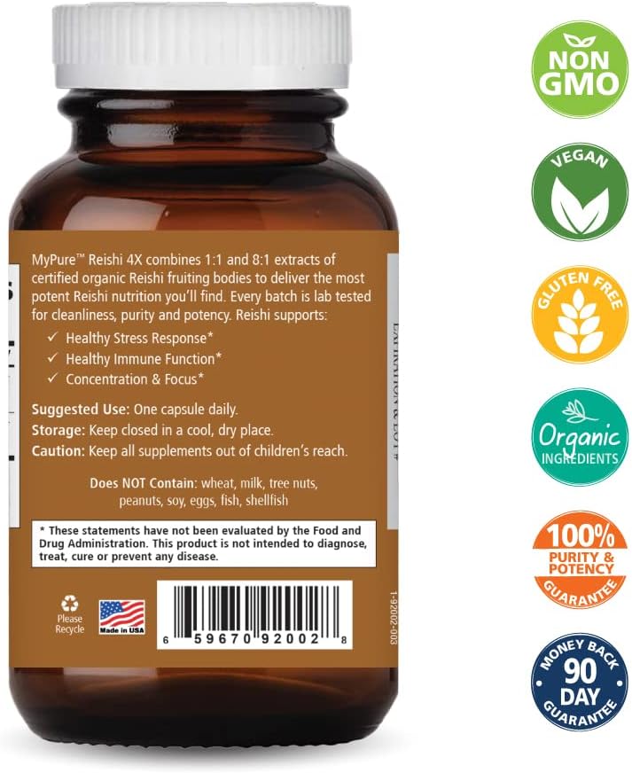PURE ESSENCE LABS MyPure Reishi 4X Organic Mushrooms Supplement - 100% Real Mushroom Extract for Immune Support, Stress Relief, Build Energy (60 Capsules)