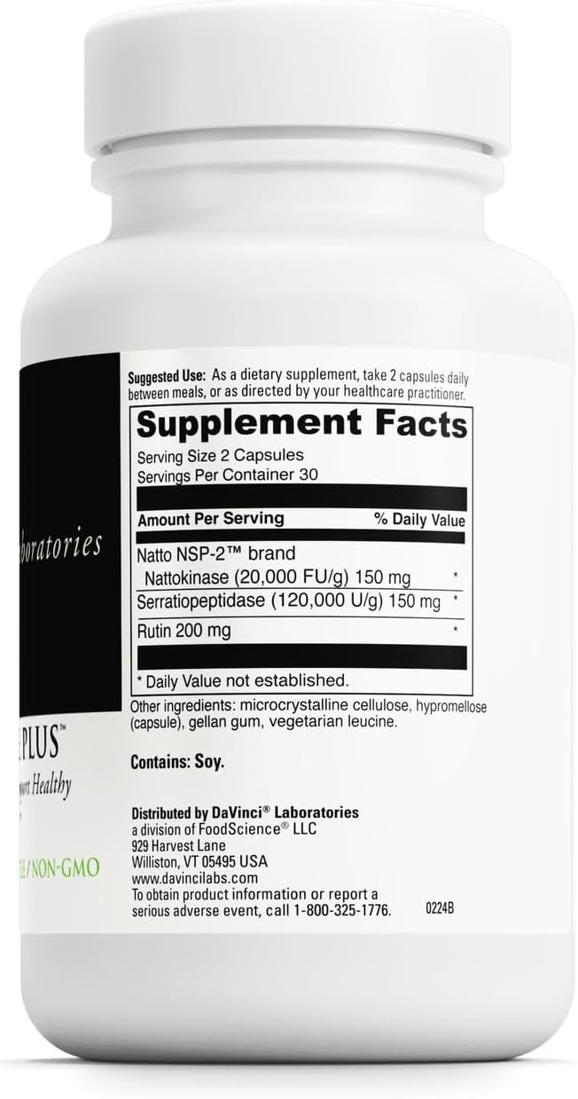 DAVINCI Labs Nattokinase Plus - High-Potency Nattokinase Supplement for Comprehensive Blood Flow Support for Men & Women - Formulated with Antioxidant Support - Gluten Free - 60 Vegetarian Capsules