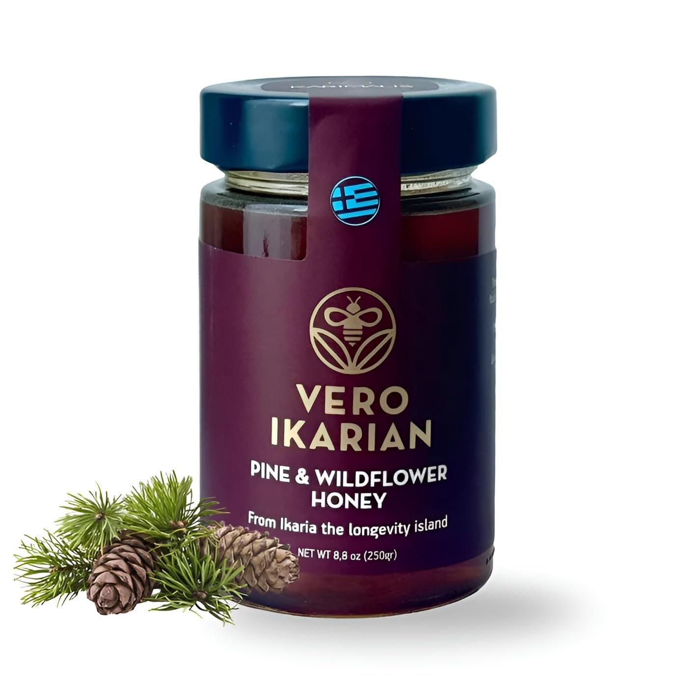 Greek Superherbs - Ikaria Honey, Pine & Wildflower 250g (8.8 oz) - 100% Organic, Raw, Unfiltered Blue Zone Longevity Honey with Earthy Flavor - Antioxidant Rich for Wellness, Energy & Immunity Support