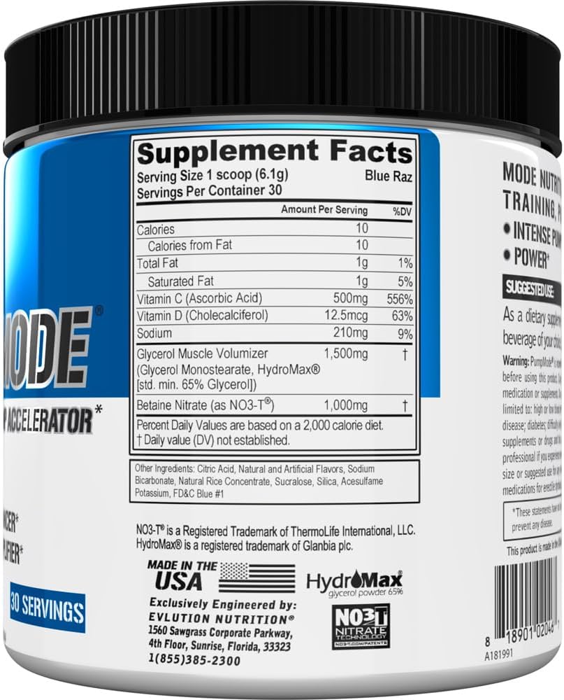 EVL PumpMode Nitric Oxide Supplement - Nitric Oxide Booster Pump Pre Workout Powder with Glycerol and Betaine for Muscle Recovery Growth and Endurance - Stim Free Pre Workout Drink (Blue Raz)