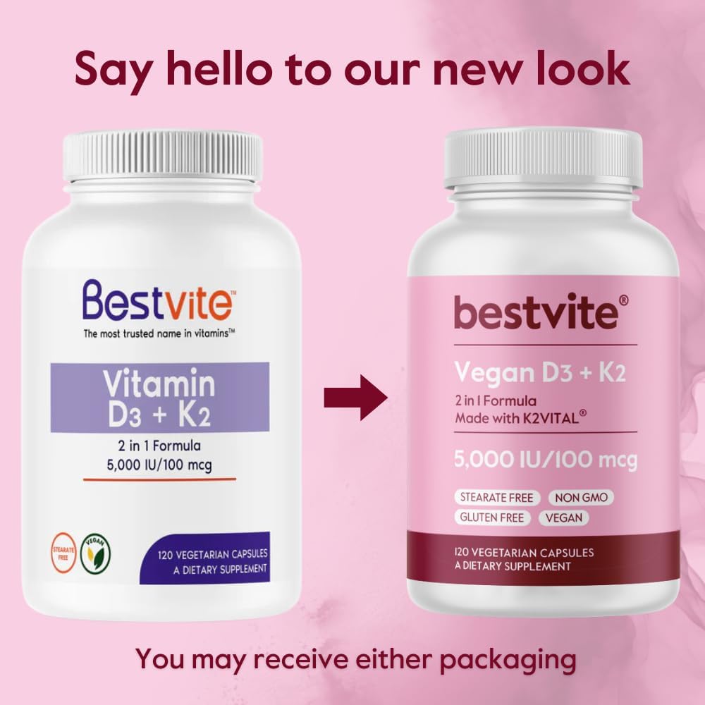BESTVITE Vegan Vitamin D3 5000 IU + Vitamin K2 100 mcg as MK-7 (120 Vegetarian Capsules) - No Stearates - Vegan - Non GMO - Gluten Free