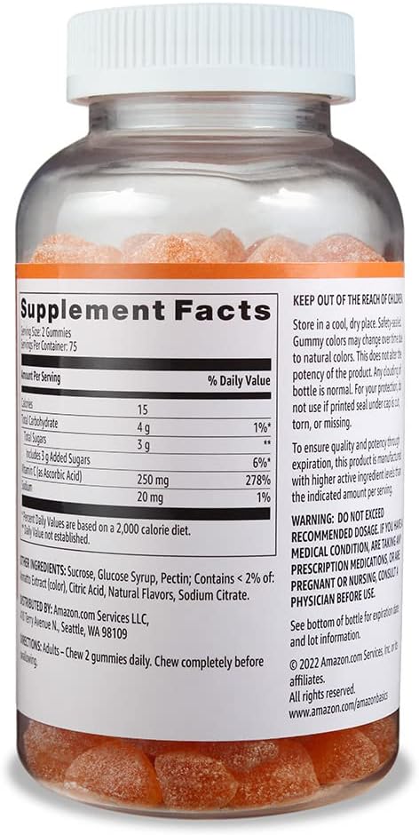 Amazon Basics Vitamin C 250 mg Gummies, Orange, 150 Count (2 per Serving), Immune Health (Previously Solimo)