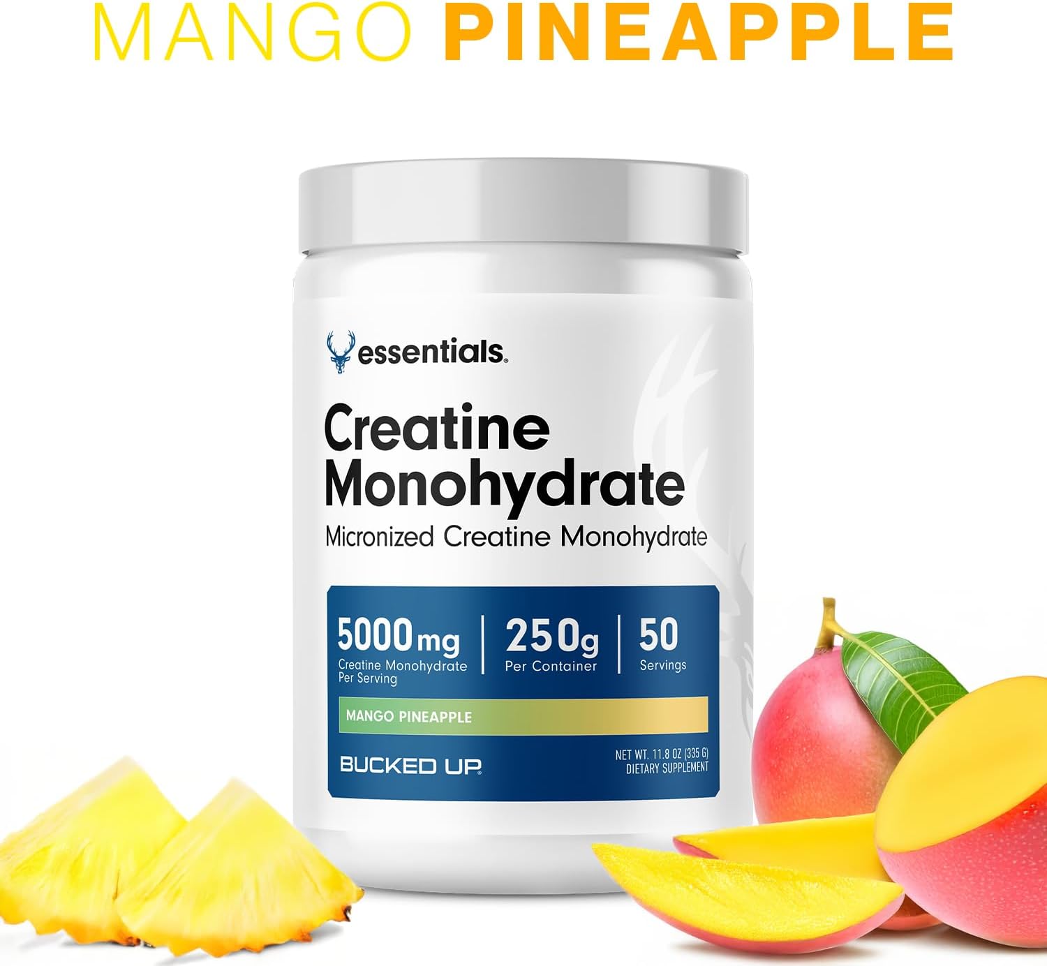 Bucked Up Mango Pineapple Creatine for Women and Men - Easy to Mix Vegetarian - Flavored Creatine Monohydrate Powder - Made in USA - 5G Per Serving - 50 Servings - 250 Grams Per Container