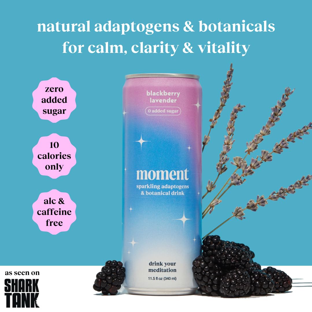 Moment Botanical Soda Soft Drink (Shark Tank) - SPARKLING Drinks | Blackberry Lavender | L-Theanine & Ashwagandha for Calm & Clarity | 0 Added Sugar 0 Caffeine | 12-pack