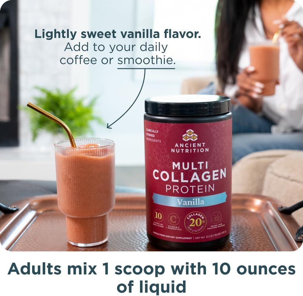 Ancient Nutrition Collagen Peptides Powder, Multi Collagen Protein, Women & Men, Vitamin C, Probiotics, Hydrolyzed Collagen, Supports Skin, Joints, Gut Health, Vanilla, 60 Servings