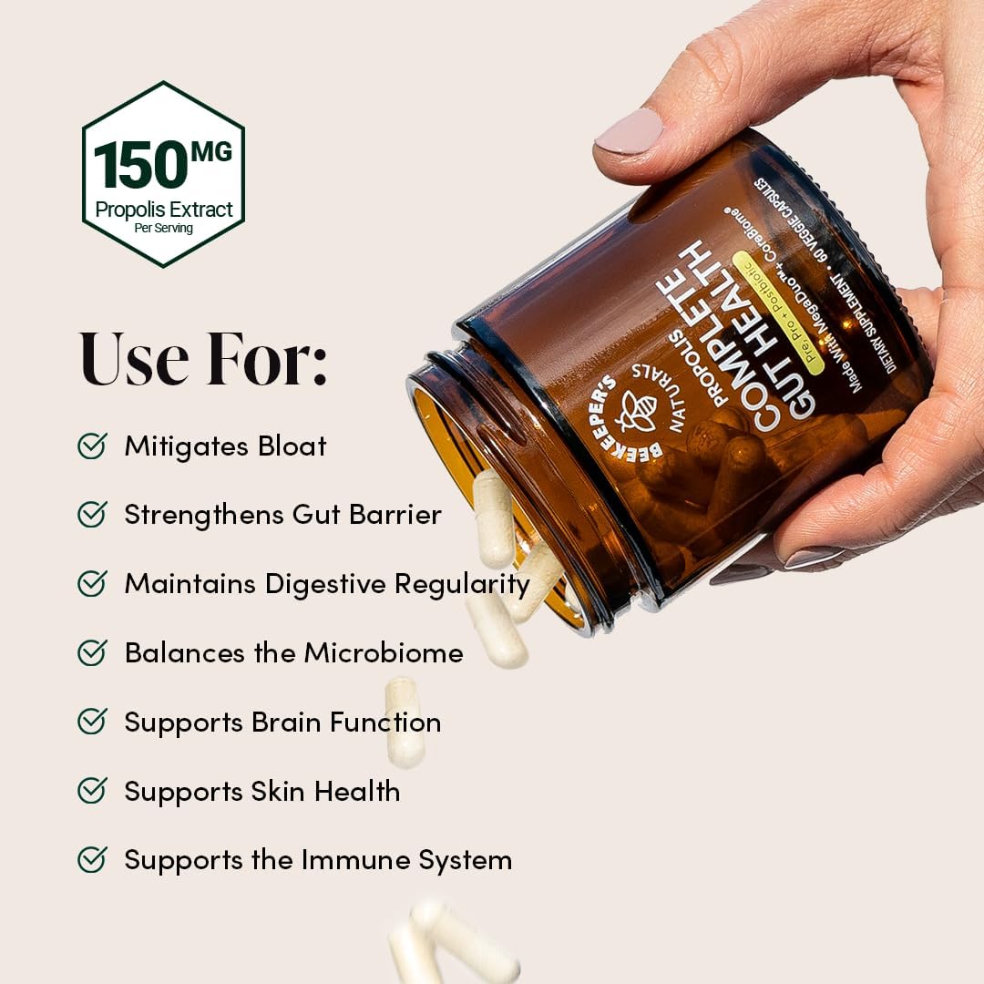 Beekeeper's Naturals Complete Gut Health, 3-in-1 Prebiotic, Postbiotic, Probiotics for Digestive Health & Bloating Relief for Women & Men, Propolis Powered, Gluten-Free Vegan Capsules, 60ct